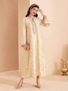 Al Najma Váy Ả Rập Ruy băng Tất cả trên in Thanh lịch Khiêm tốn - Màu be - Xem 1