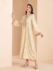 Al Najma Váy Ả Rập Ruy băng Tất cả trên in Thanh lịch Khiêm tốn - Màu be - Xem 5