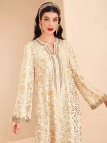 Al Najma Váy Ả Rập Ruy băng Tất cả trên in Thanh lịch Khiêm tốn - Màu be - Xem 6