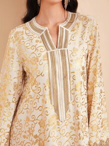 Al Najma Váy Ả Rập Ruy băng Tất cả trên in Thanh lịch Khiêm tốn - Màu be - Xem 7