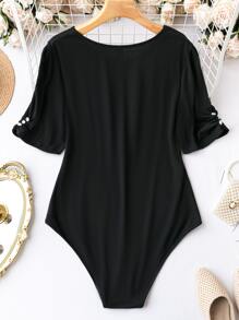 SHEIN LUNE 大碼素色挖空細節T恤連體衣 - 黑色 - 查看 2