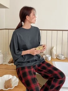 DAZY 纯色落肩睡衣T恤和格子印花睡裤 - 彩色 - 查看 3