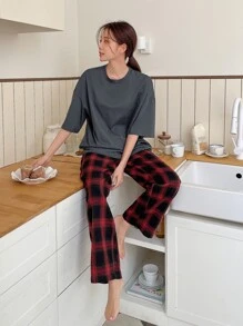 DAZY 纯色落肩睡衣T恤和格子印花睡裤 - 彩色 - 查看 4