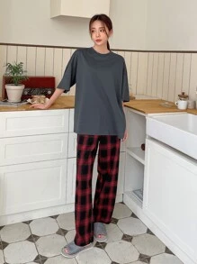 DAZY 纯色落肩睡衣T恤和格子印花睡裤 - 彩色 - 查看 7
