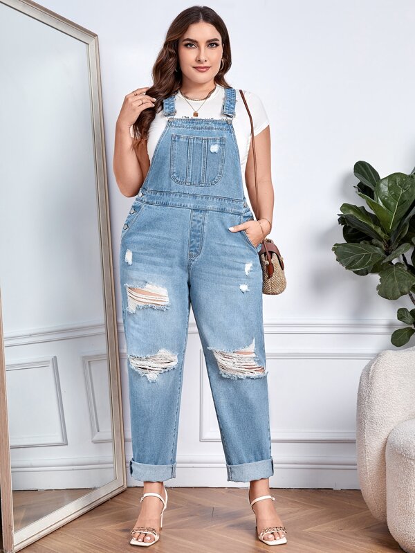 SHEIN Essnce Plus Ripped Slant Pocket Denim Overalls Without Tee SHEIN USA