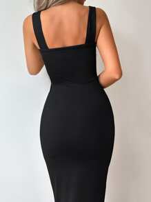 EURMUSE Solid Split Thigh Cami Dress - Black - View 2