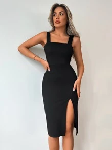 EURMUSE Solid Split Thigh Cami Dress - Black - View 3