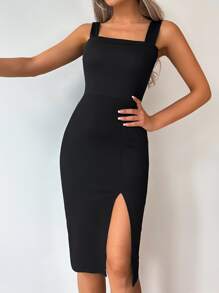 EURMUSE Solid Split Thigh Cami Dress - Black - View 5