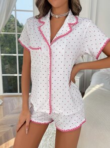 CottageSlumber Allover Heart Print Contrast Binding PJ Set / Pajama Set White Set - White - View 4