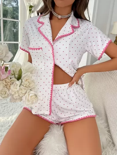 CottageSlumber 全身心印花对比色睡衣套装 / 睡衣套装 白色套装