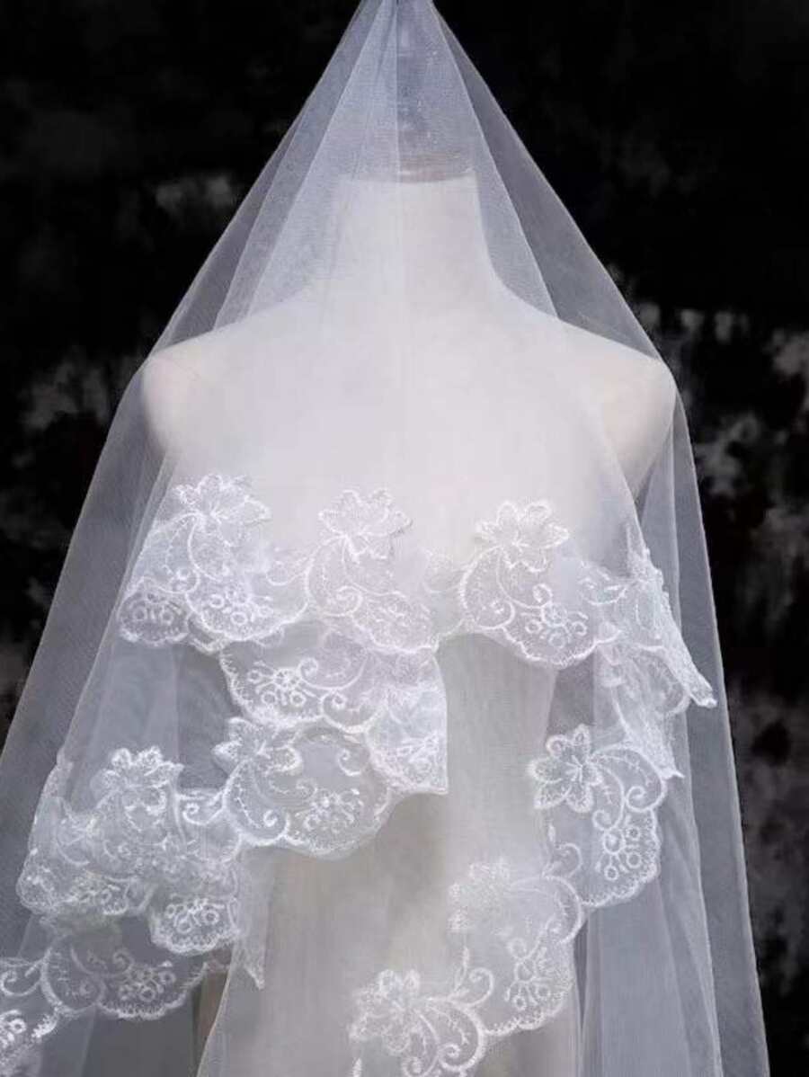 1 قطعة حجاب زفاف أبيض أنيق وبسيط مزين بتطريز دانتيل لجو رومانسي في حفل الزفاف وعيد الحب