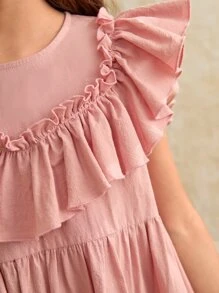 SHEIN Girls Ruffle Trim High Low Hem Dress - Dusty Pink - View 5