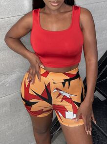 Slaydiva Solid Crop Tank Top & Graphic Print Biker Shorts - Multicolor - View 5