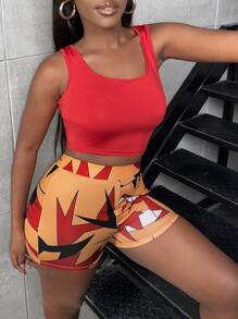 Slaydiva Solid Crop Tank Top & Graphic Print Biker Shorts - Multicolor - View 6