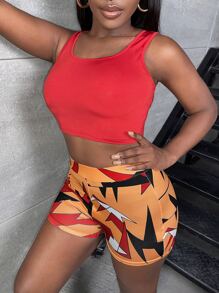 Slaydiva Solid Crop Tank Top & Graphic Print Biker Shorts - Multicolor - View 7