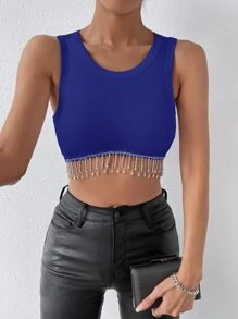 Allurite Rhinestone Fringe Hem Crop Tank Top - Royal Blue - View 3