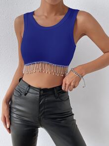 Allurite Rhinestone Fringe Hem Crop Tank Top - Royal Blue - View 4