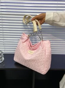 補丁細節鏈條肩帶托特包 - 粉色 - 查看 1