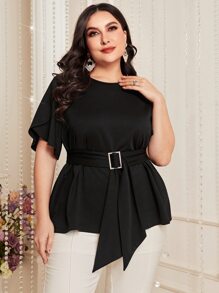 Modelyn Plus Petal Sleeve Belted Tee - Black - View 1