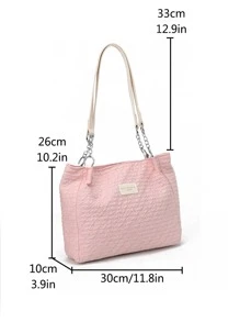 補丁細節鏈條肩帶托特包 - 粉色 - 查看 3