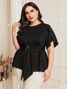 Modelyn Plus Petal Sleeve Belted Tee - Black - View 2