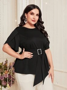 Modelyn Plus Petal Sleeve Belted Tee - Black - View 4