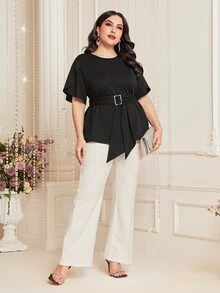 Modelyn Plus Petal Sleeve Belted Tee - Black - View 5