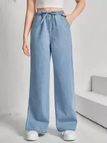 SHEIN Teen Girls Knot Elastic Waist Wide Leg Jeans