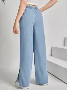 SHEIN Teen Girls Knot Elastic Waist Wide Leg Jeans