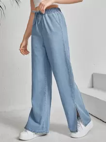 SHEIN Teen Girls Knot Elastic Waist Wide Leg Jeans