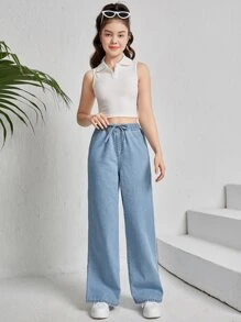 SHEIN Teen Girls Knot Elastic Waist Wide Leg Jeans