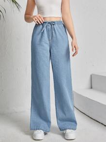 SHEIN Teen Girls Knot Elastic Waist Wide Leg Jeans