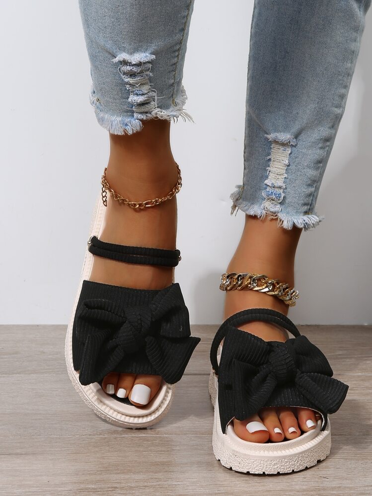 Women Bow Decor Multi-Way Wear Slingback Sandals, Fashionable Black Polyester Platform Sandals Valentines - Black - View 4