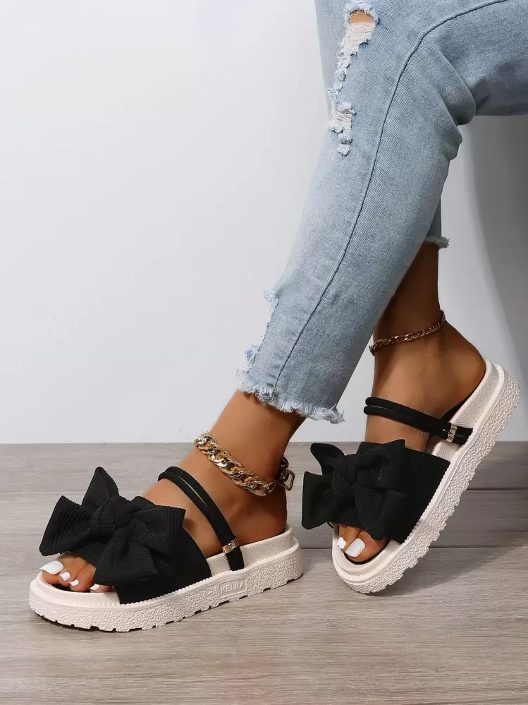 Women Bow Decor Multi-Way Wear Slingback Sandals, Fashionable Black Polyester Platform Sandals Valentines - Black - View 7