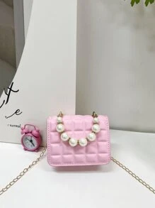 1pc Mini Crease Plaid PU Flap-Cover Versatile Pearl Handbag & Shoulder Bag, Suitable For Daily Use - Pink - View 1