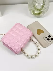 1pc Mini Crease Plaid PU Flap-Cover Versatile Pearl Handbag & Shoulder Bag, Suitable For Daily Use - Pink - View 4