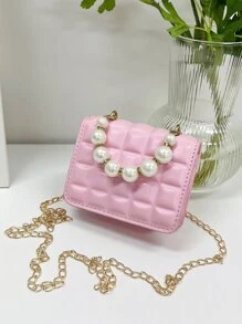 1pc Mini Crease Plaid PU Flap-Cover Versatile Pearl Handbag & Shoulder Bag, Suitable For Daily Use - Pink - View 6