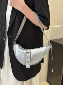 Metallic Buckle & Chain Decor Saddle Bag