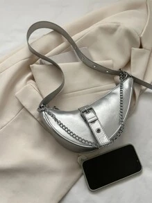 Metallic Buckle & Chain Decor Saddle Bag