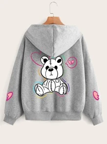 SHEIN Qutie 卡通圖案拉鏈開襟加絨內裏抽繩連帽衫 - 淺灰色 - 查看 1