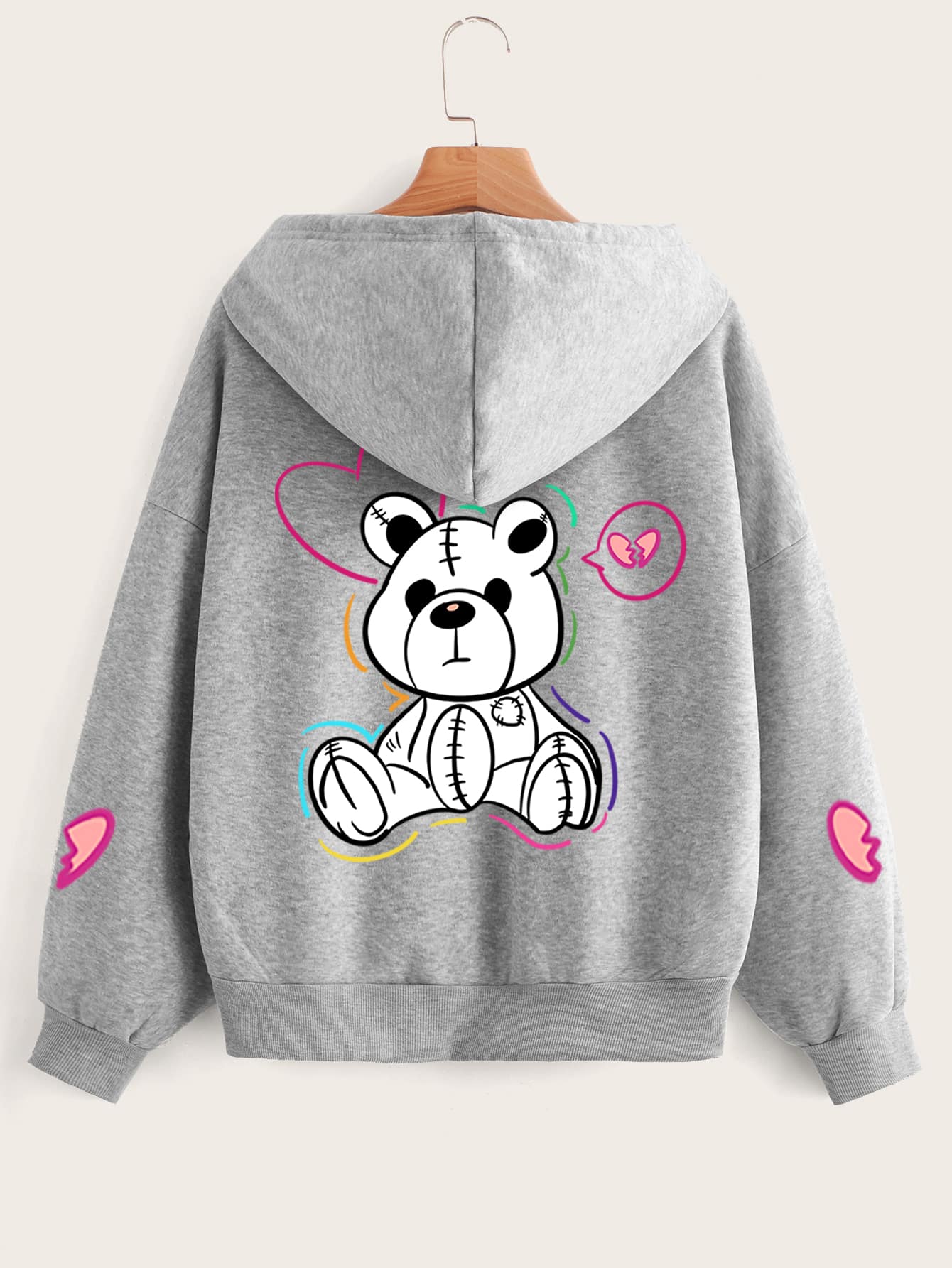 SHEIN Qutie 卡通圖案拉鏈開襟加絨內裏抽繩連帽衫 - 淺灰色 - 查看 1