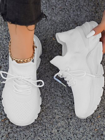 女式防滑透氣繫帶運動鞋運動型戶外白色織物厚底運動鞋