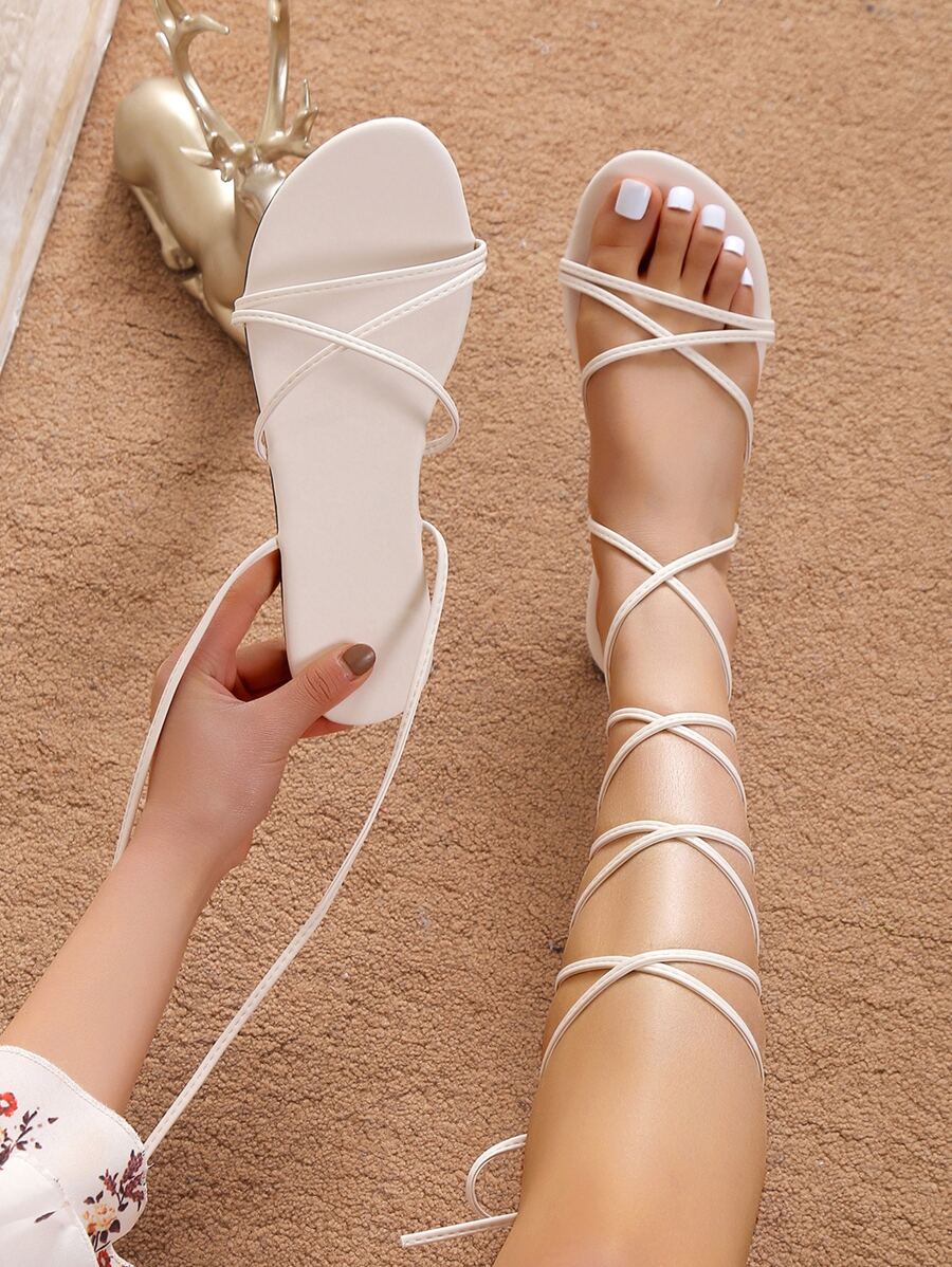 Women Tie Leg Design Strappy Sandals, Elegant Outdoor Flat Sandals Valentines - Beige - View 1