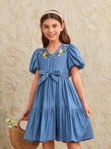SHEIN Girls 1pc Floral Embroidery Puff Sleeve Ruffle Hem Belted Dress - Blue - View 1