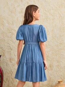 SHEIN Girls 1pc Floral Embroidery Puff Sleeve Ruffle Hem Belted Dress - Blue - View 2