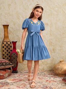 SHEIN Girls 1pc Floral Embroidery Puff Sleeve Ruffle Hem Belted Dress - Blue - View 3