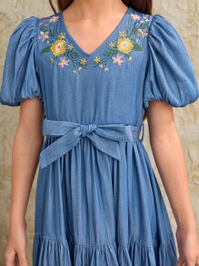 SHEIN Girls 1pc Floral Embroidery Puff Sleeve Ruffle Hem Belted Dress - Blue - View 6