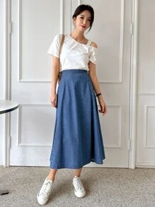 DAZY High Waist Denim A-Line Skirt Jeans Skirt - Light Wash - View 4