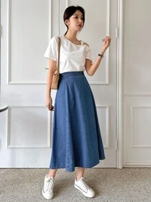 DAZY High Waist Denim A-Line Skirt Jeans Skirt - Light Wash - View 7