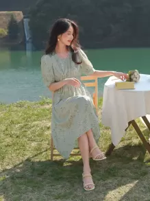 DAZY Đầm Dải chun Họa tiết hoa Boho - Màu xanh Bạc hà - Xem 1